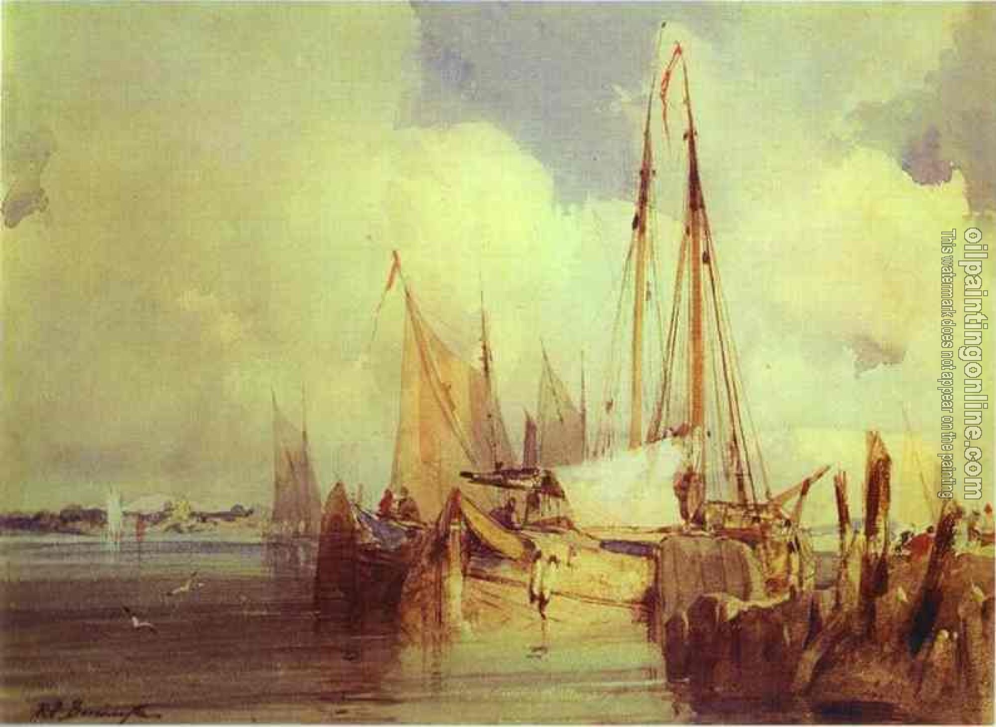 Richard Parkes Bonington - French River Scene with Fishing Boats